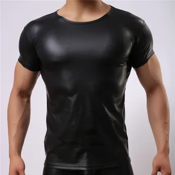Секси облекло за мъже, Тениски от изкуствена кожа с къс ръкав, Блузи, Секси мъжки плътно прилепнали черни пижами, дрехи за гейовете, тениски, ризи, Костюми