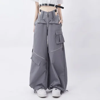 Сиви панталони-карго дамски ежедневни летни оригинални ретро ежедневни панталони оверсайз с множество джобове с цип, с два чорапи, с завязками, дамски ежедневни панталони оверсайз