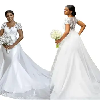 Скромни сватбени рокли на Русалка с V-образно деколте 2023 Vestidos De Новия, женски сватбени рокли с флорални дантели за булката с къс ръкав 