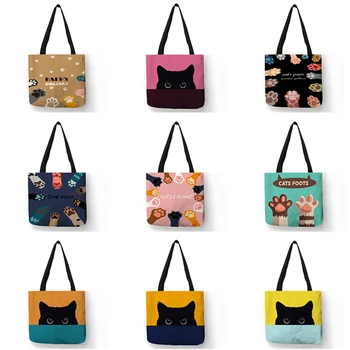 Сладки домашни любимци с отпечатъците на лапите на черна котка, женска чанта през рамо с анимационни коте, дамски модерна чанта, Еко-торбички за еднократна употреба за пазаруване на продукти