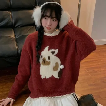 Сладък пуловер в японски стил в стил Ретро С припокриване, Есен-Зима, Всекидневни Червено трико с флокированием, Женски Френски пуловер пуловер FemaleTop