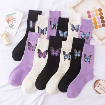 Средни чорапи, Тенденция дамски дрехи Kawaii, Чорапи с пеперуди топъл печат, Женски индивидуално памучни бельо Harajuku