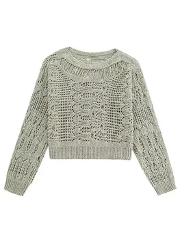 ТРАФИКА на 2023 пролет-лято нов дамски модерен пуловер в стила на френски ретро с кухи детайли, пуловер с дълъг ръкав и кръгло деколте, пуловер-топ