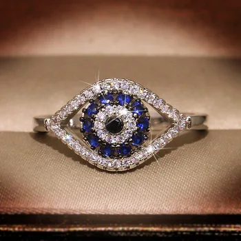 Уникални пръстени с очи от кралския син камък, за жени Сребрист цвят, Кухи брачни халки с бял цирконием, Годежен пръстен в стил бохо, бижута ЧЕХИЯ