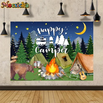 Фон за снимки Mochisca Camping Happy Нощен палатка в Гората Фон за партита от огъня Пораснали Деца Снимка Банер Снимка
