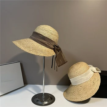Френска гурме шапка с лък, дамска мода, ракита сламена шапка за момичета, сгъва шапка от слънцето, слънцезащитен крем за пътувания, ежедневни плажна шапка