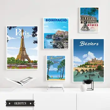 Френски Италиански ретро плакат за пътуване на известния града, стенно изкуство, красиви пейзажи, платно, живопис, скандинавските картини за вашия интериор дневна