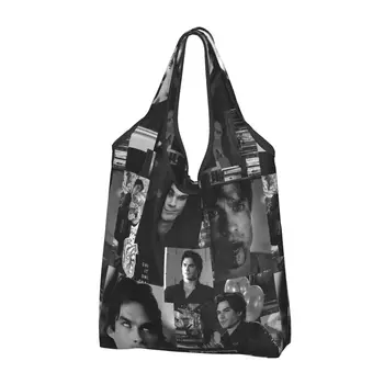 Чанти за пазаруване Damon Salvatore The Vampire Diaries за Многократна употреба за хранителни стоки Экосумки Голям капацитет за рециклиране, Миещи чанти