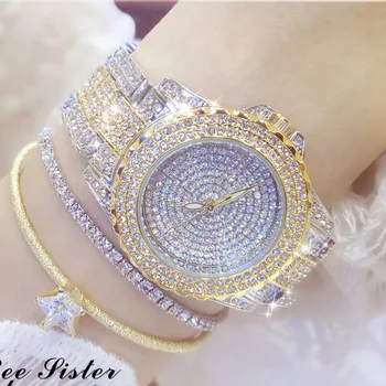 Часовници BS с веригата, дамски часовници с диаманти, кварцов часовник, популярни мода, водоустойчив, от естествена кожа