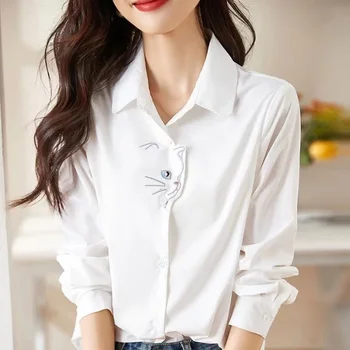 Шифоновая женска риза с принтом, свободни Бели ежедневни блузи с отложным яка, елегантни дрехи, пролетно-летни модни върхове YCMYUNYAN