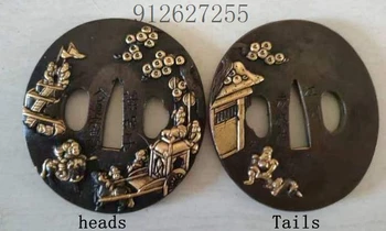 Японски символи Hige gold Copper tsuba за японската KATANA ВАКИДЗАСИ ТАНТО