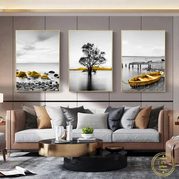 5D САМ Диамантена живопис, бродерия на кръстат бод, черно-жълта картина с пейзаж на езерото лодка, дърво, каменна мозайка, начало декор WE240