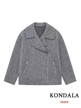 KONDALA Ежедневното Винтажное луксозно дамско палто от Сив на цвят, обикновен джобове, палто с отложным яка с цип, Нова мода 2023, есенно-зимно палто